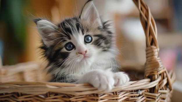 Photo cute kitten in a wicker basket