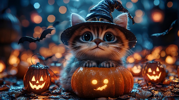 Cute kitten in a witch hat with big eyes looks at the camera in a magical Halloween scene