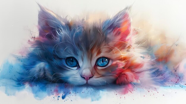 Cute kitten with blue eyes in watercolor painting