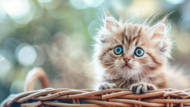 Photo cute kitten with blue eyes in a wicker basket