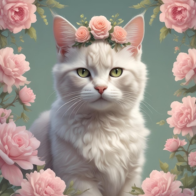 Cute kitten with flowers illustration