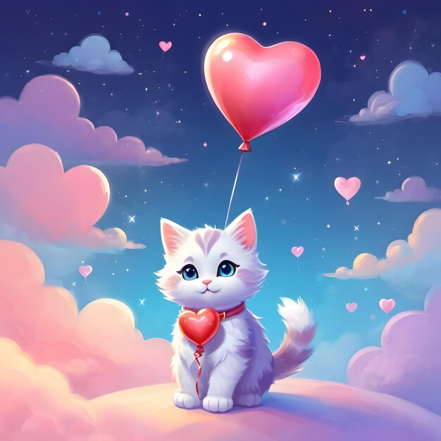 Photo cute kitten with a heartshaped balloon