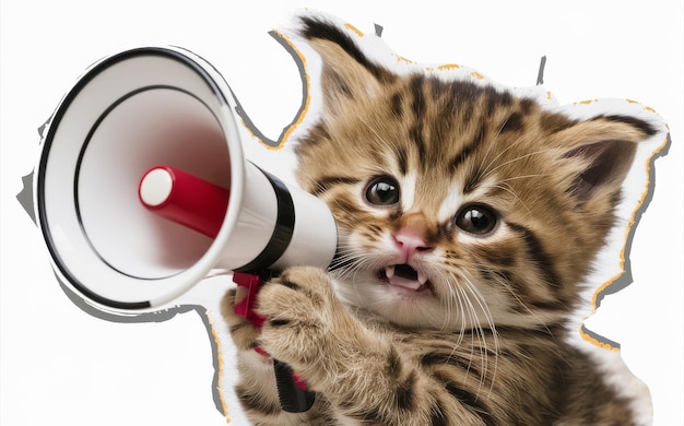 Cute kitten with megaphone on grey background Studio shot