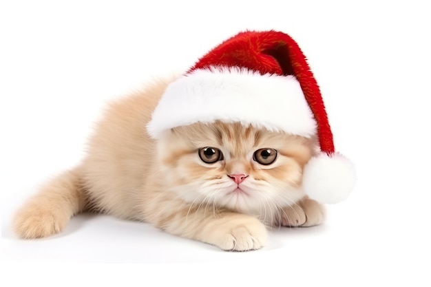 Cute kitten with santa hat isolated on white background Ai generative