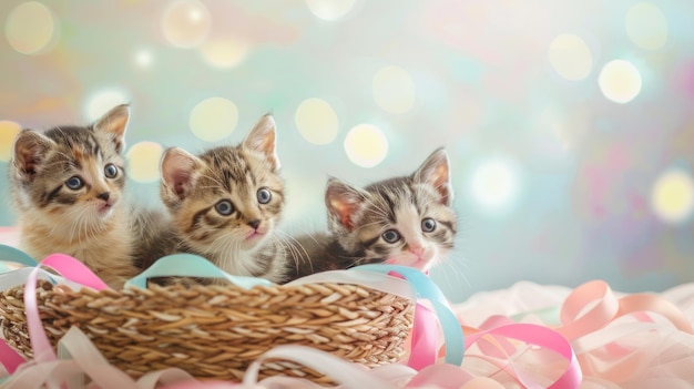 Cute Kittens in a Basket with Ribbons