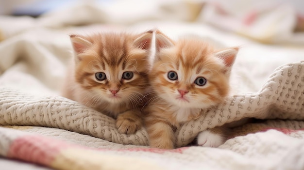 Cute kittens on a blanket on bed Generative AI