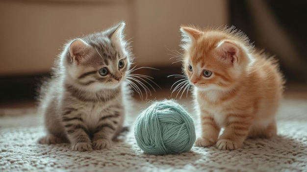 Photo cute kittens playing with a ball of yarn in a cozy room chaos 15 ar 169 style raw v 61 job id 4cf280