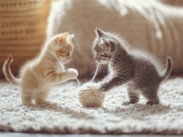 Cute kittens playing with a ball of yarn in a cozy room chaos 15 ar 43 style raw v 61 Job ID 31eef56