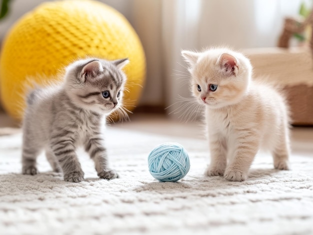 Cute kittens playing with a ball of yarn in a cozy room chaos 15 ar 43 style raw v 61 Job ID 74afb87