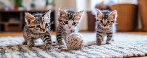 Photo cute kittens playing with a ball of yarn in a cozy room chaos 15 ar 52 style raw v 61 job id 7dc2392