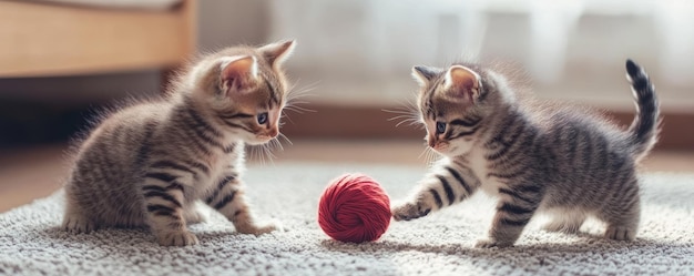 Cute kittens playing with a ball of yarn in a cozy room chaos 15 ar 52 style raw v 61 Job ID 7dc2392