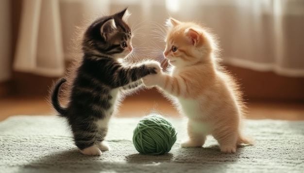 Photo cute kittens playing with a ball of yarn in a cozy room chaos 15 ar 74 style raw v 61 job id 5d2a858