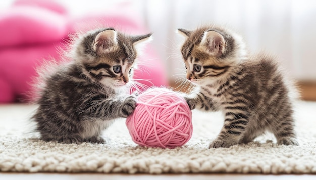 Cute kittens playing with a ball of yarn in a cozy room chaos 15 ar 74 style raw v 61 Job ID 5d2a858