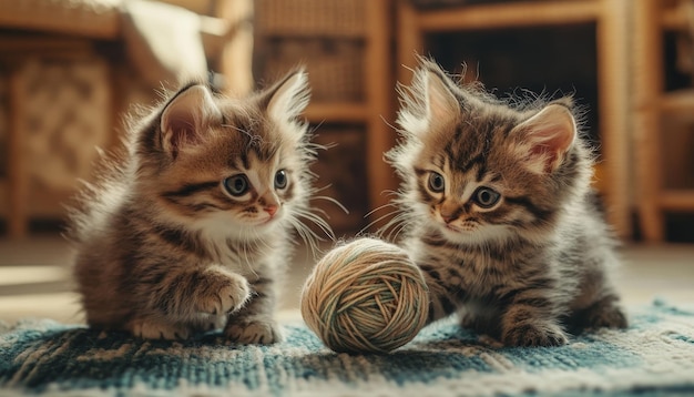 Photo cute kittens playing with a ball of yarn in a cozy room chaos 15 ar 74 style raw v 61 job id b27087e