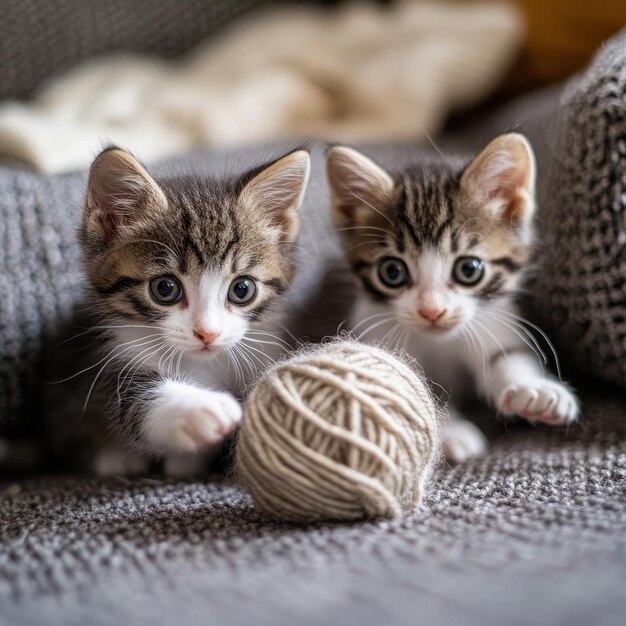 Photo cute kittens playing with a ball of yarn in a cozy room chaos 15 style raw v 61 job id 27370bf020744