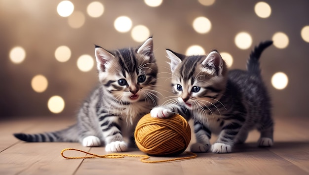 Photo cute kittens playing with a ball of yarn on a wooden floor