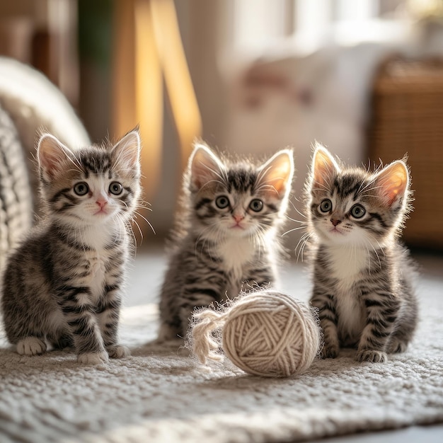 Photo cute kittens playing with yarn in cozy room