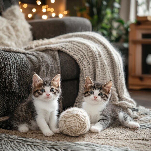 Photo cute kittens playing with yarn in cozy room