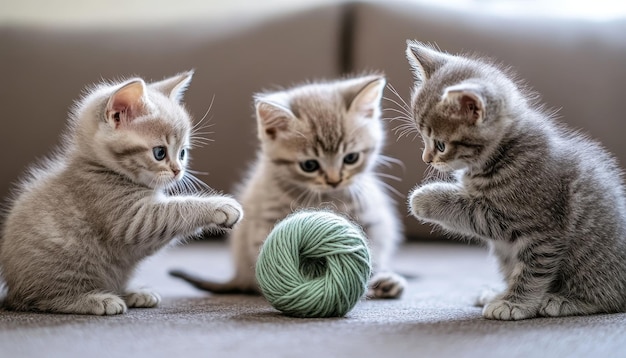 Cute Kittens Playing with Yarn in Cozy Room