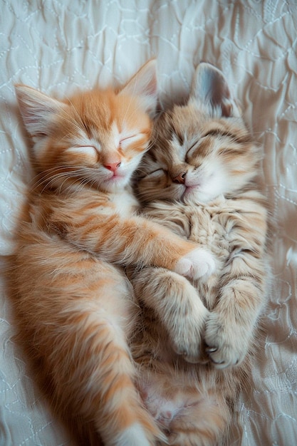 cute kittens sleep on the bed Selective focus