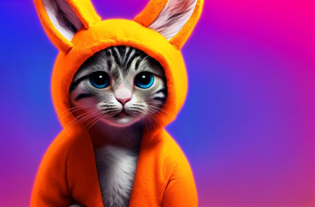 Cute kitty in hare costume Little cat in clothes Generative AI