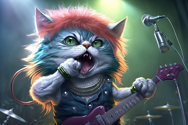 Cute kitty singing glam metal on stage