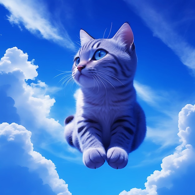 Cute kitty Watercolor Fantasy of Tabby cool Cat playing comes from blue sky Cute Cat Generated AI