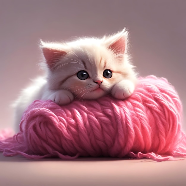 Cute kitty Watercolor Fantasy of Tabby cool Cat playing with pink wool ball Cute Cat Generated AI