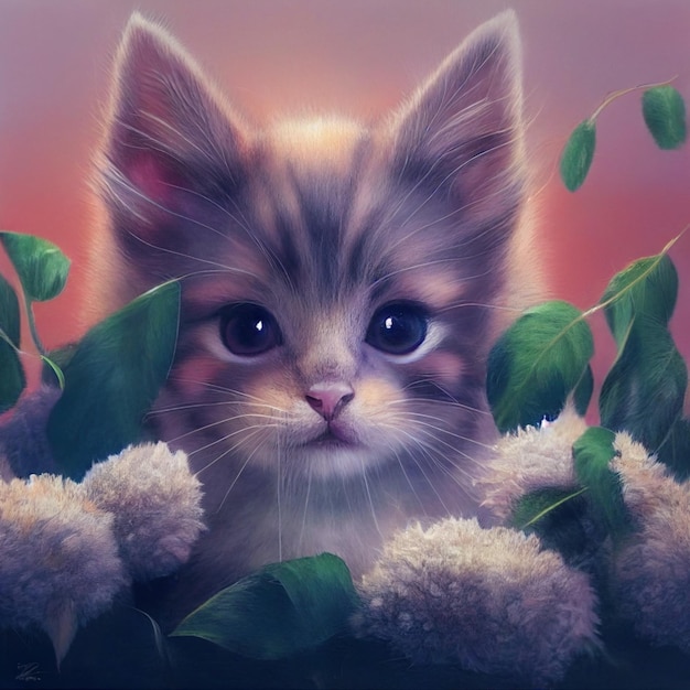 Cute kitty with flowers cartoon illustration