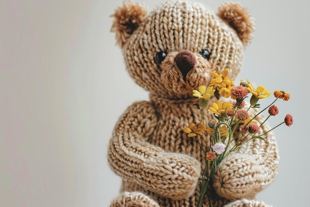 Cute Knitted Teddy Bear Holding Colorful Flower Bouquet in Cozy Home Setting