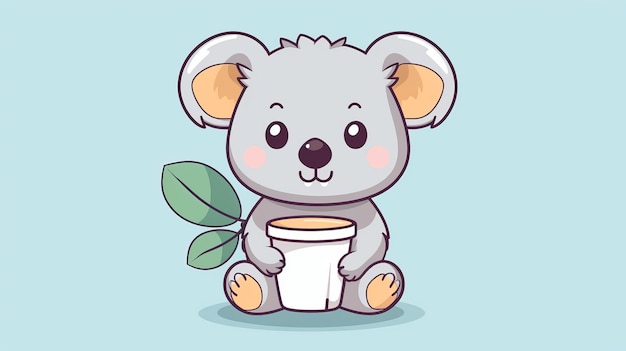 Cute koala drinking boba milk tea with branch wood tree cartoon vector icon illustration animal flat