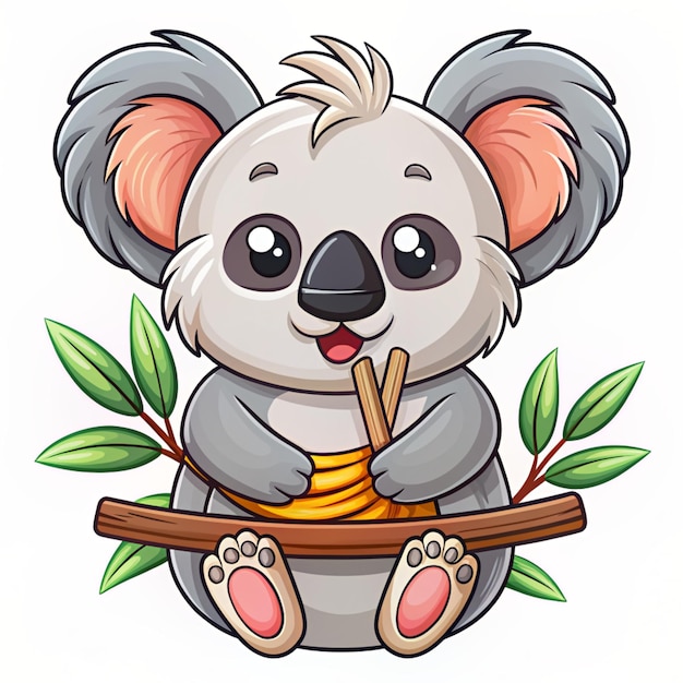 Photo cute koala eating ramen on branch cartoon vector icon illustration animal food icon concept isolated premium vector flat cartoon style