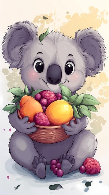 A cute koala happily holds a bowl of colorful fruits showcasing a playful and cheerful vibe