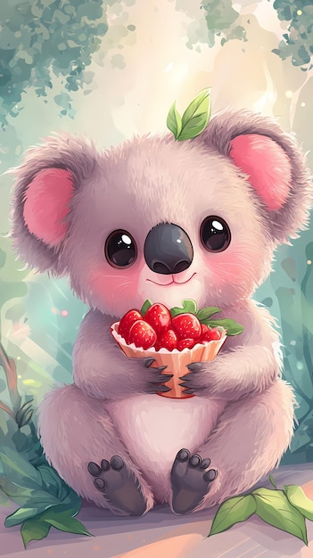 A cute koala holding a bowl of strawberries in a vibrant forest setting