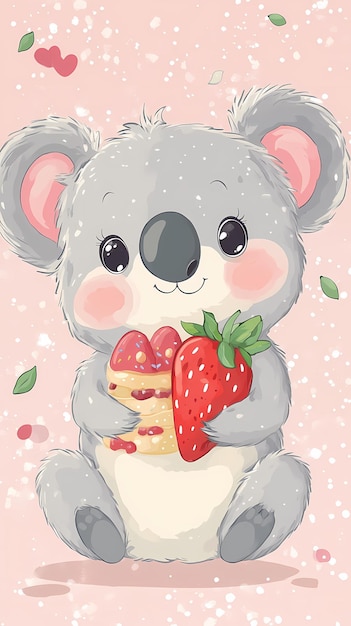 A cute koala holding a strawberry and an ice cream cone on a pink background