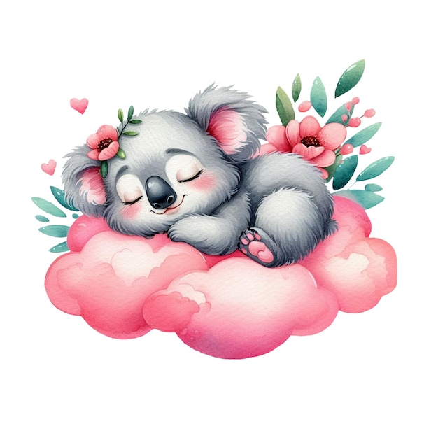 Cute koala sleeping on a cloud Watercolor illustration