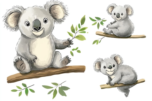 Cute Koalas on Tree Branches Watercolor Illustration