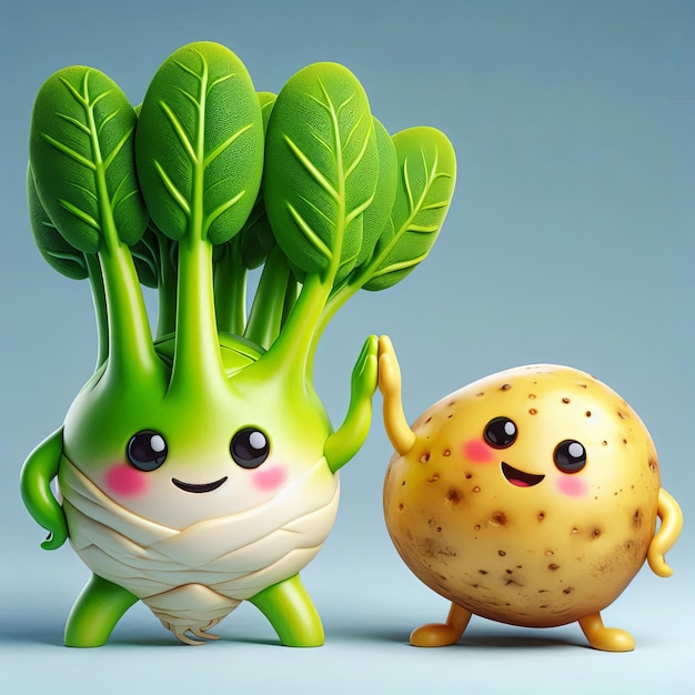 cute kohlrabi and potato high five cartoon 3d