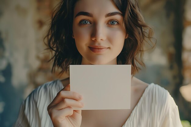 Photo cute lady holding plain placecard photorealistic style