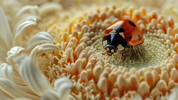 Cute ladybug on a beautiful flower The ladybug is red with black spots and the flower is white with a yellow center