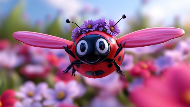 Photo cute ladybug with flower crown flying over flowers