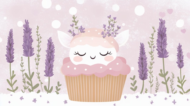 Photo cute lamb cupcake in lavender field