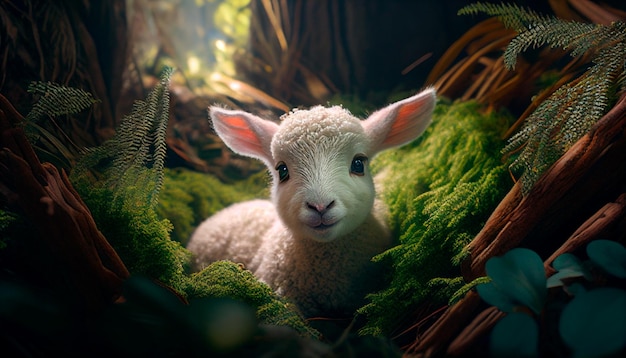 Cute lamb in a green fairy forest generative ai