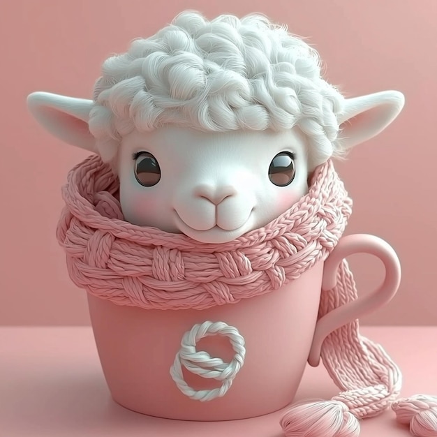 Cute Lamb in a Pink Mug with a Knitted Scarf