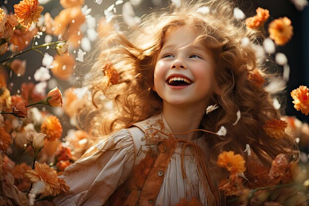 A cute laughing girl in orange flowers