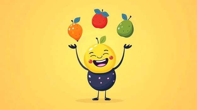 Photo cute lemon cartoon character juggling fruit