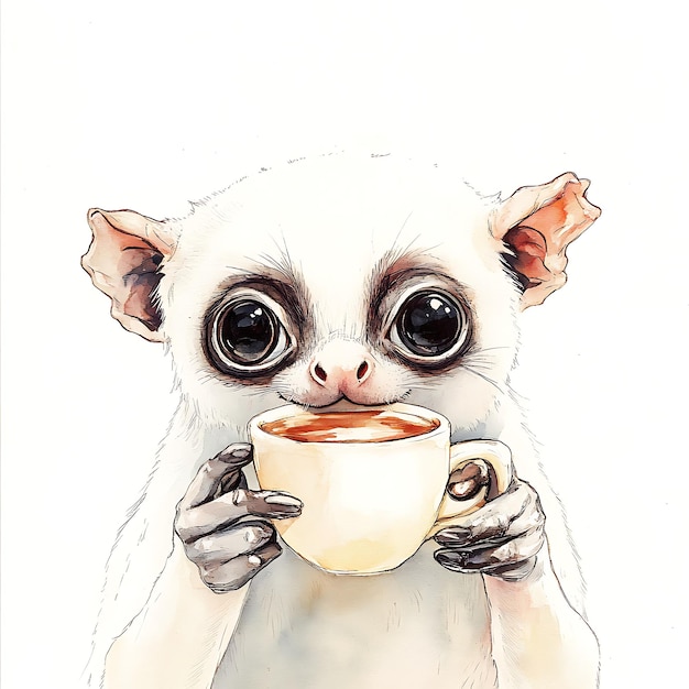 Cute Lemur Drinking Coffee