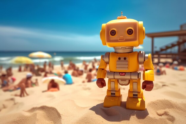 Cute lifeguard robot watching over a beach