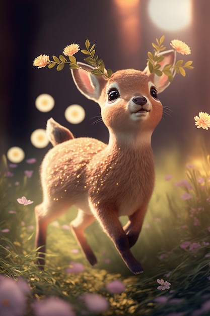 Cute lifelike gracefully jumping baby deer with flower.