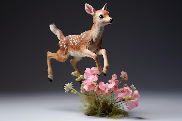 Cute lifelike gracefully jumping baby deer with flowers